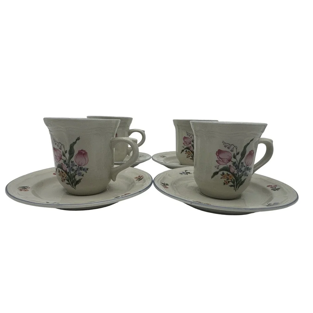 Gibson Tivoli Lafayette Cup and Saucer Set Floral Stoneware Pink Tulip 8pc